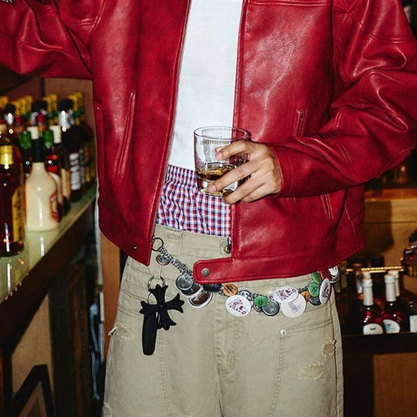 Men's red PU leather jacket in retro hip-hop style, featuring a loose fit, smooth zipper, and comfortable polyester lining.