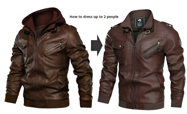 Men's PU leather hooded jacket for autumn and winter, stylish, warm, and perfect for casual outings and outdoor adventures.