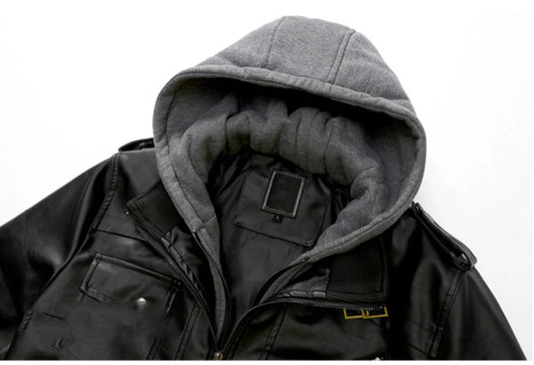 Men's PU leather hooded jacket for autumn and winter, stylish, warm, durable, perfect for casual outings and travel.