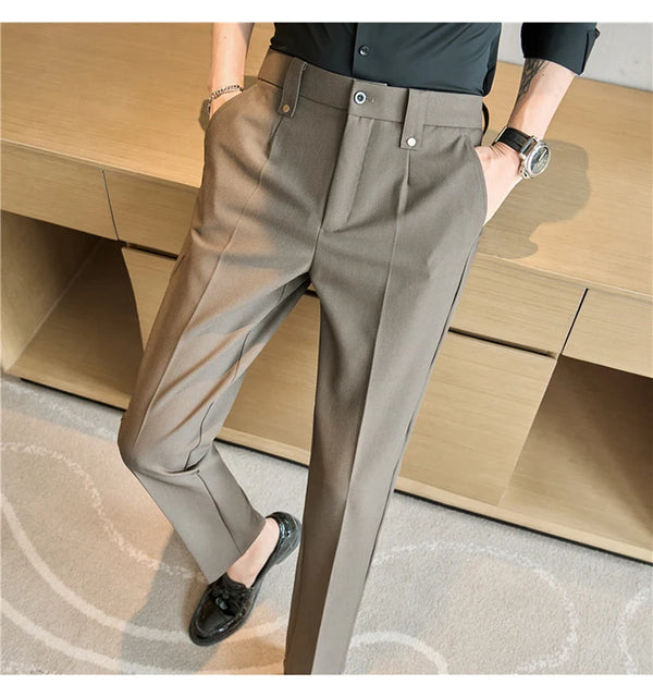Men's slim fit dress pants in British style with elastic waist, perfect for casual or formal occasions, made from polyester b