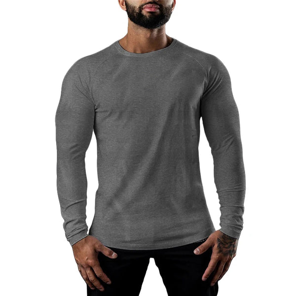 Men's long sleeve cotton tee in black, featuring moisture-wicking technology for comfort and breathability in casual wear.