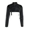 Chic cropped faux leather biker jacket for women with rivet detailing and slim fit, perfect for edgy streetwear style.