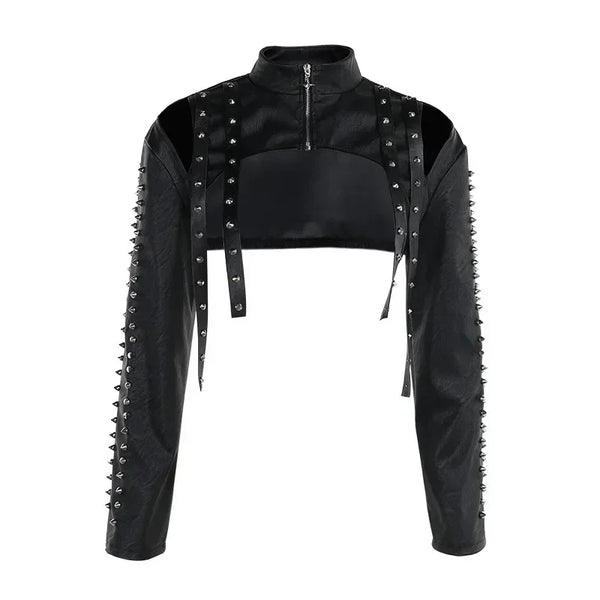Chic cropped faux leather biker jacket for women with rivet detailing and slim fit, perfect for edgy streetwear style.