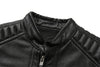 Premium men's leather biker jacket with stand collar in rich brown, crafted from durable first-layer calfskin leather.