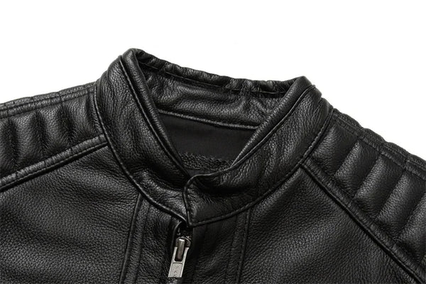 Premium men's leather biker jacket with stand collar in rich brown, crafted from durable first-layer calfskin leather.