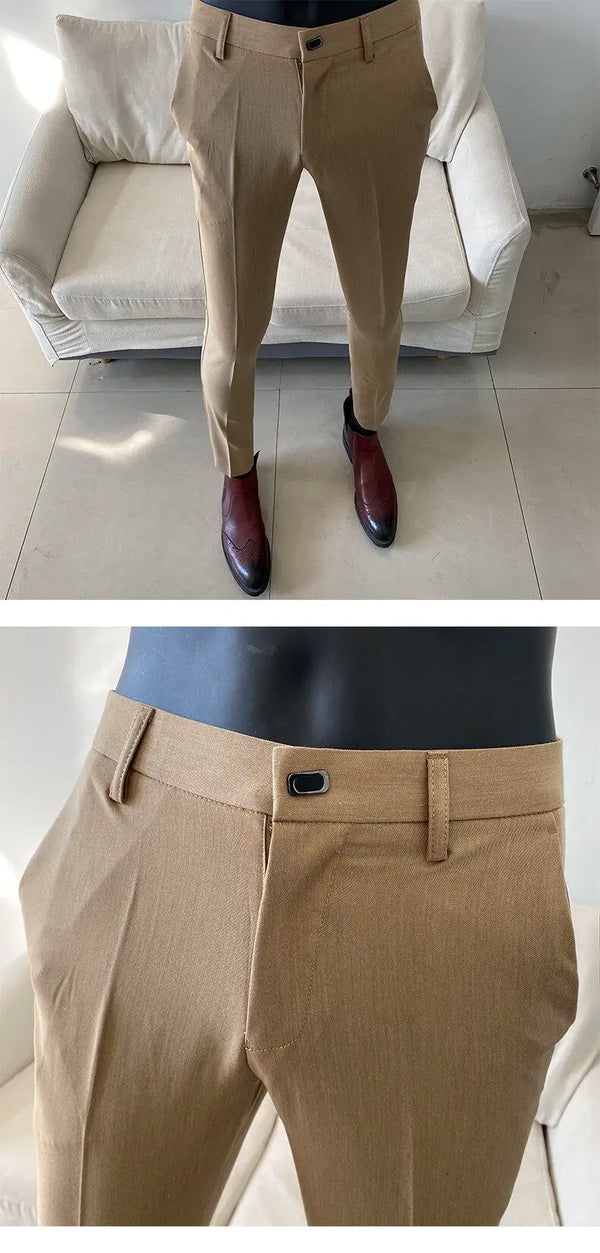 Slim fit business dress pants for men in neutral colors, perfect for autumn office wear and social events.