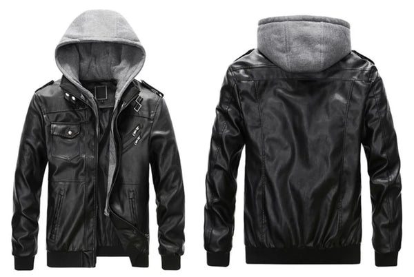 Men's PU leather hooded jacket for autumn and winter, stylish, warm, durable, perfect for casual outings and travel.
