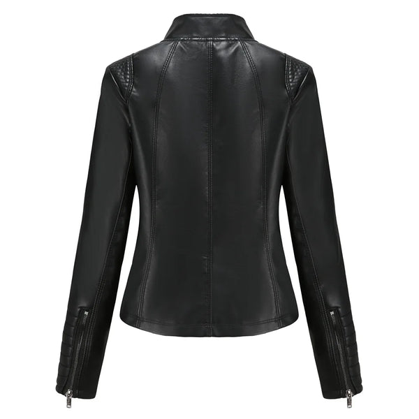 Chic women's slim leather biker jacket with zip detail, stand-up collar, and tailored fit for a stylish urban look.