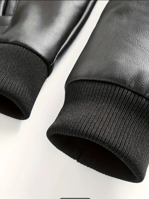 Sleek men's PU leather biker jacket with detachable hood, slim fit, perfect for autumn and winter, stylish and windproof.