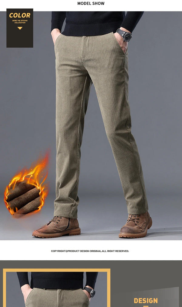 Men's fleece-lined corduroy pants with zipper closure and regular fit