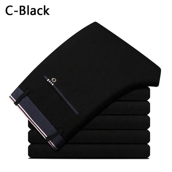 Men's smart casual summer trousers in extended sizes, lightweight polyester-spandex blend, ankle-length, straight fit.