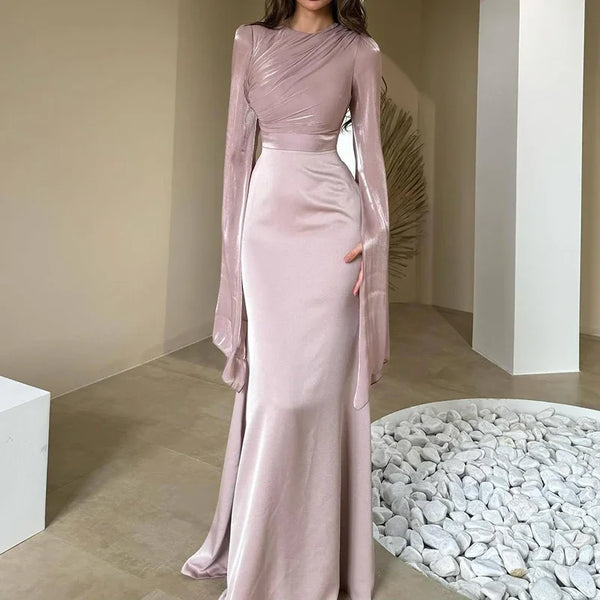 Elegant black batwing sleeve maxi dress with luxurious satin finish and slim-fit silhouette
