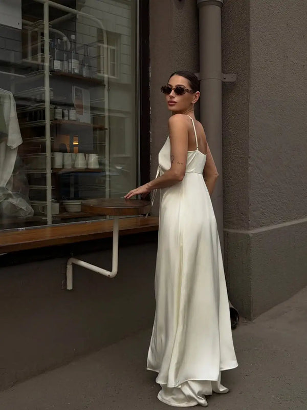 White satin set showing turn-down collar and polished tailoring details
