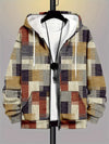 Men's casual hoodie in retro plaid patchwork design with hood and full zipper