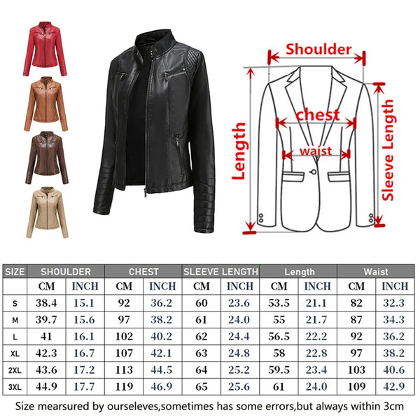 Chic women's slim leather biker jacket with zip detail, stand-up collar, and tailored fit for a stylish urban look.