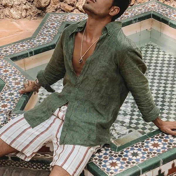 Relaxed fit men's linen shirt with turn-down collar perfect for warm weather and casual spring outings