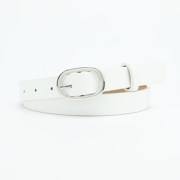 Chic round buckle women's belt in premium PU leather, stylish and versatile for jeans or dress outfits, elegant accessory.