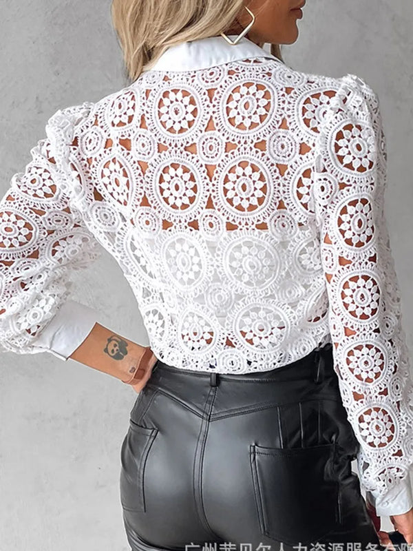 Elegant white lace blouse with long sleeves, turn-down collar, perfect for office wear and formal occasions.
