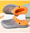 Quarter view of cotton clogs highlighting slip-on closure