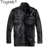 Tcyeek genuine leather winter jacket for men in black with zipper closure.