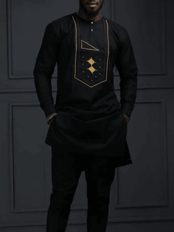 African-inspired two-piece outfit with full-length sleeves and drawstring waist pants in bold prints