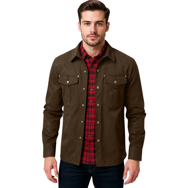 Men's Western Flannel-Lined Casual Jacket with metal buttons, flannel interior, and multiple pockets for stylish outdoor wear