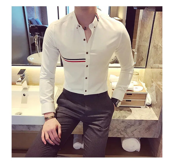 Elegant men's slim-fit dress shirt in solid color, perfect for spring, made from cotton, polyester, and spandex blend.