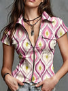 Stand collar floral shirt with denim aesthetic and convenient zip-front design