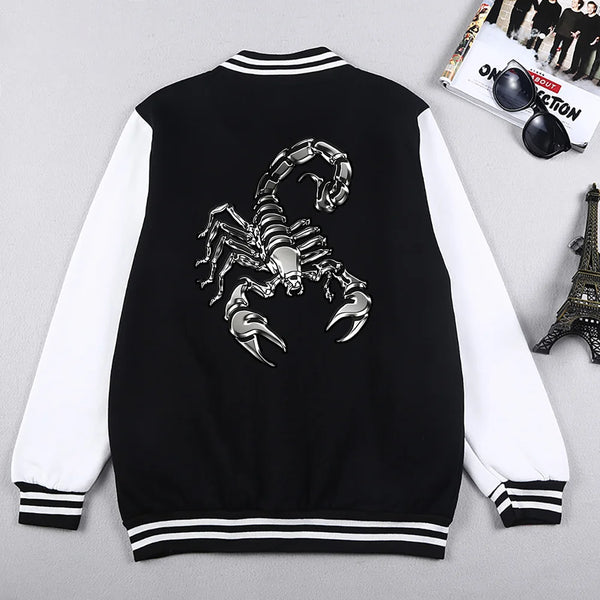 Scorpio printed bomber jacket for men, casual fit, stylish streetwear, durable polyester, ribbed cuffs, zodiac fashion.