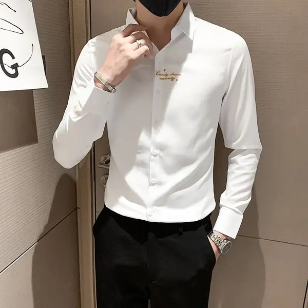 Elegant men's embroidered white long sleeve shirt with turn-down collar, perfect for casual and social events.