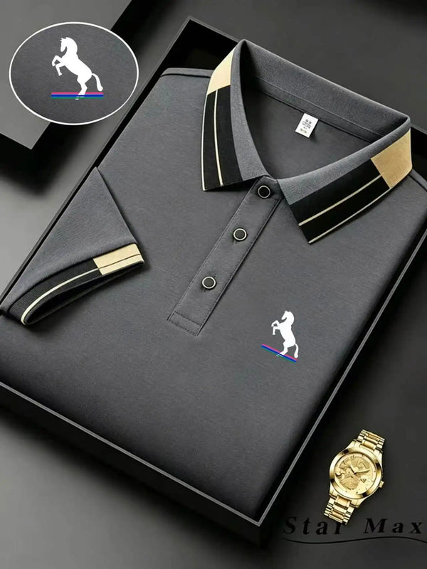 Men's slim-fit polo featuring equestrian horse embroidery and Milan-inspired color blocking accents