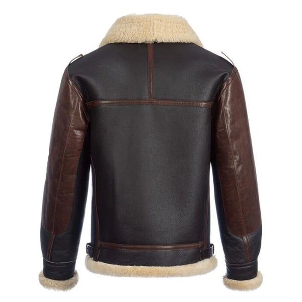 Stylish men's shearling bomber jacket showcasing turn-down collar.