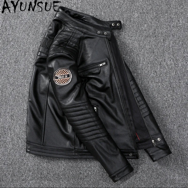 Men's slim fit leather motorcycle jacket in premium cow leather with stand collar and zip closure, perfect for casual wear.