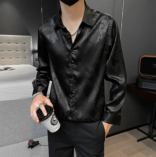Men's luxury silk blend casual shirt in black with subtle graphic pattern, slim fit, perfect for spring and summer wear.