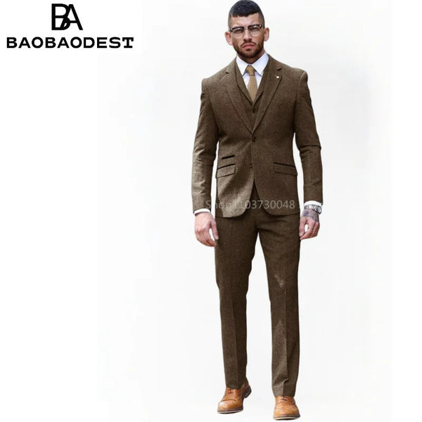 Men's brown tweed 3-piece suit, slim fit wool blend, perfect for weddings and business meetings, stylish and durable.