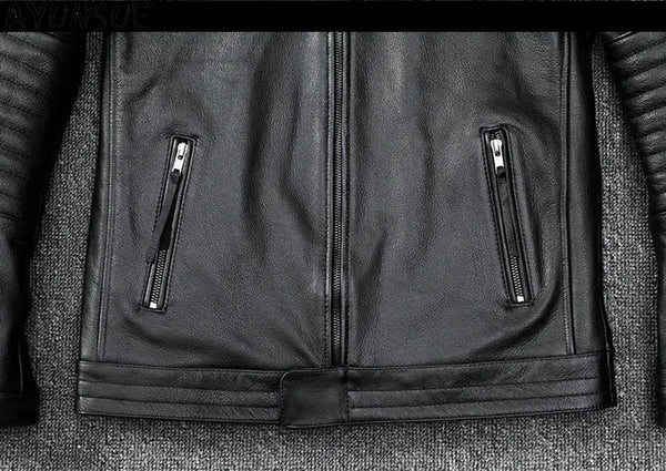 Men's slim fit leather motorcycle jacket in premium cow leather with stand collar and zip closure, perfect for casual wear.