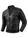 Premium men's leather biker jacket in rich brown with stand collar, crafted from durable first-layer calfskin leather.