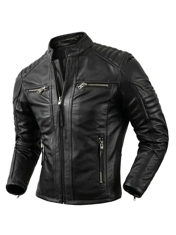 Premium men's leather biker jacket in rich brown with stand collar, crafted from durable first-layer calfskin leather.