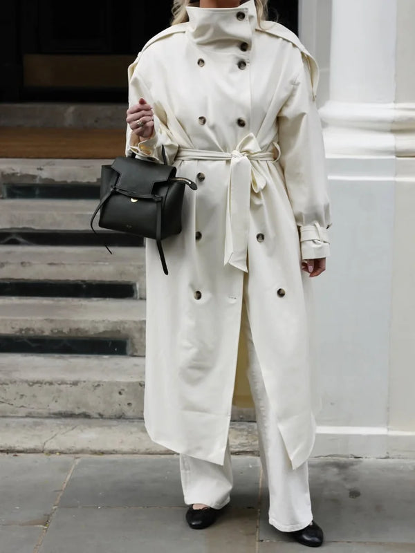 Elegant cream polyester trench coat with double-breasted design for fall and winter