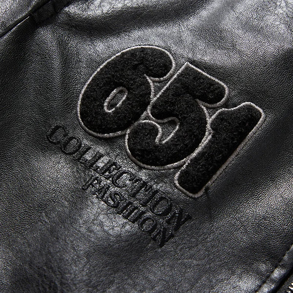 Men's Autumn/Winter Embroidered Leather Biker Jacket with detachable collar, fleece lining, and classic aviator design.