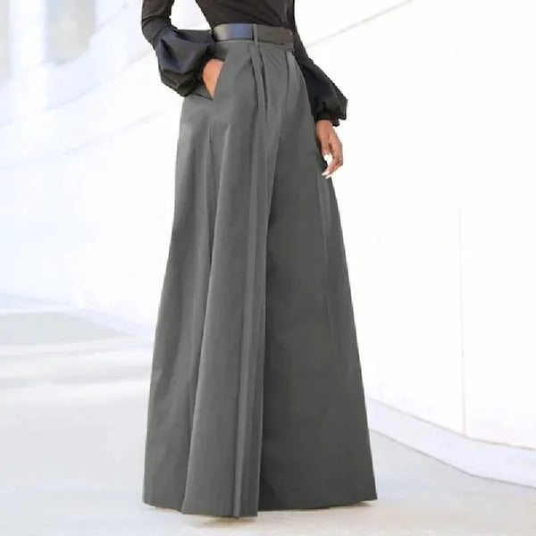 Chic wide leg palazzo pants for women in nylon-cotton blend, featuring pockets and button detail for stylish comfort.