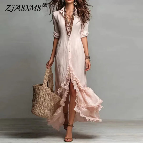 Sunset Stroll Button Shirt Dress with Ruffle High-Low Hem in ankle length polyester fabric