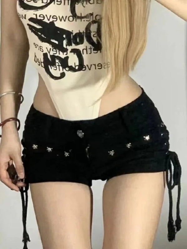 Back view of Y2K inspired lace-up shorts with rivet accents and flattering regular-pant silhouette