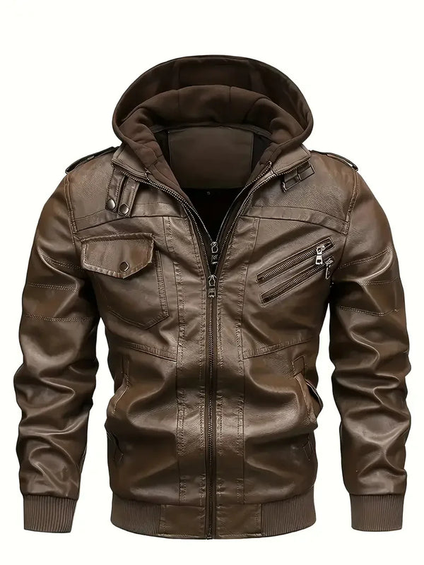 Sleek men's PU leather biker jacket with detachable hood, slim fit, ribbed cuffs, perfect for autumn and winter wear.