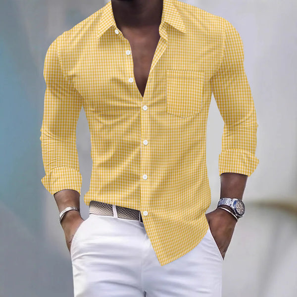 Men's business casual plaid long-sleeve shirt in soft polyester with turn-down collar, perfect for autumn and spring wear.