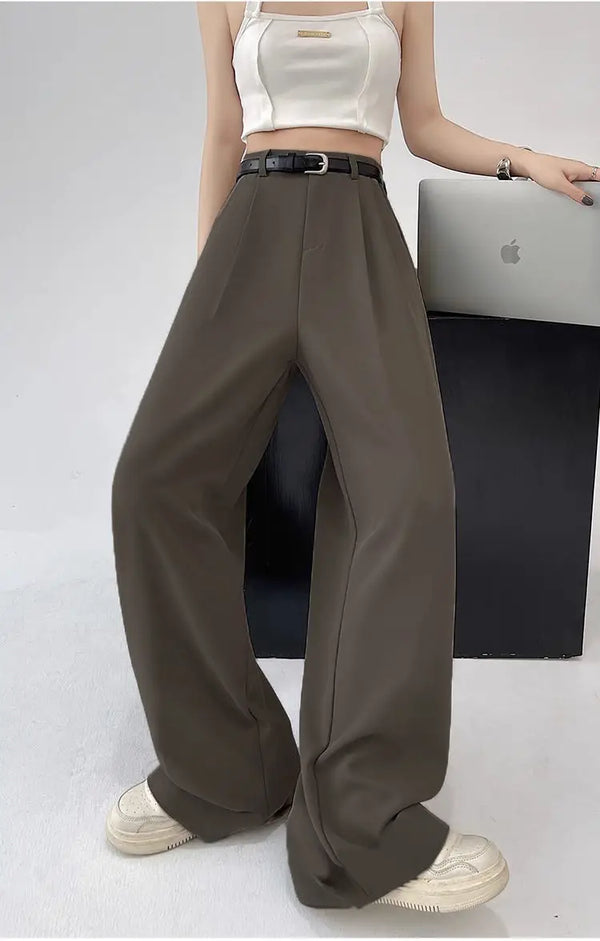 Chic high waist wide leg trousers with stylish belt, perfect for office and casual wear, made from breathable polyester blend
