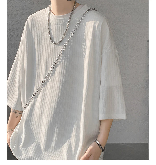 Back view of unisex striped summer tee, highlighting soft O-neck and short sleeves.