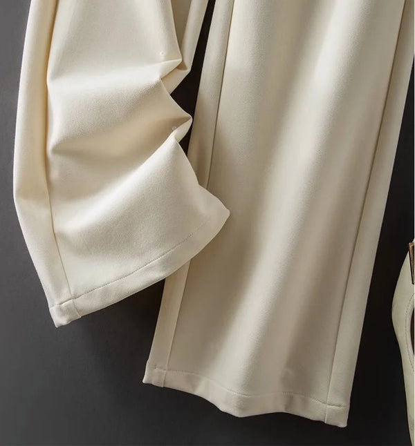 Elegant wide-leg work trousers for women in cotton blend, high waist, perfect for office wear and business casual outfits.