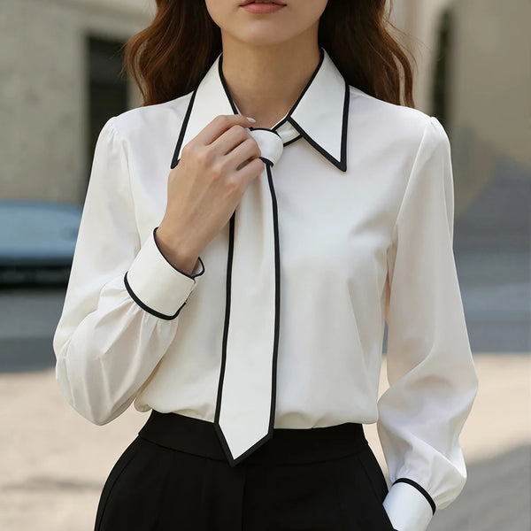 Elegant bow tie blouse for women, slim fit office shirt with turn-down collar, perfect for business attire and formal wear.