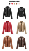 Chic women's slim leather biker jacket with zip detail, stand-up collar, and tailored fit for a stylish urban look.